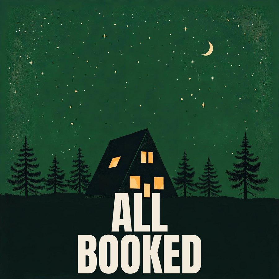 All Booked podcast artwork: a warmly lit A-frame cabin under a starry green sky